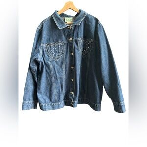Quacker Factory Women's Denim Jacket With Rhinestone Bling Hearts Size 1X EUC